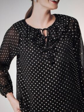 J. Crew NWT Gold Polka Dot on Black Ruffle Tie-Neck Blouse
